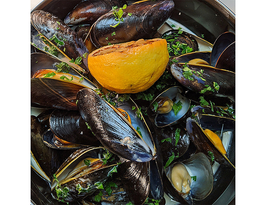 Steamed mussels with Burning Sky Petite Farmhouse Beer