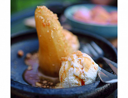 Beer poached pears with beer caramel sauce