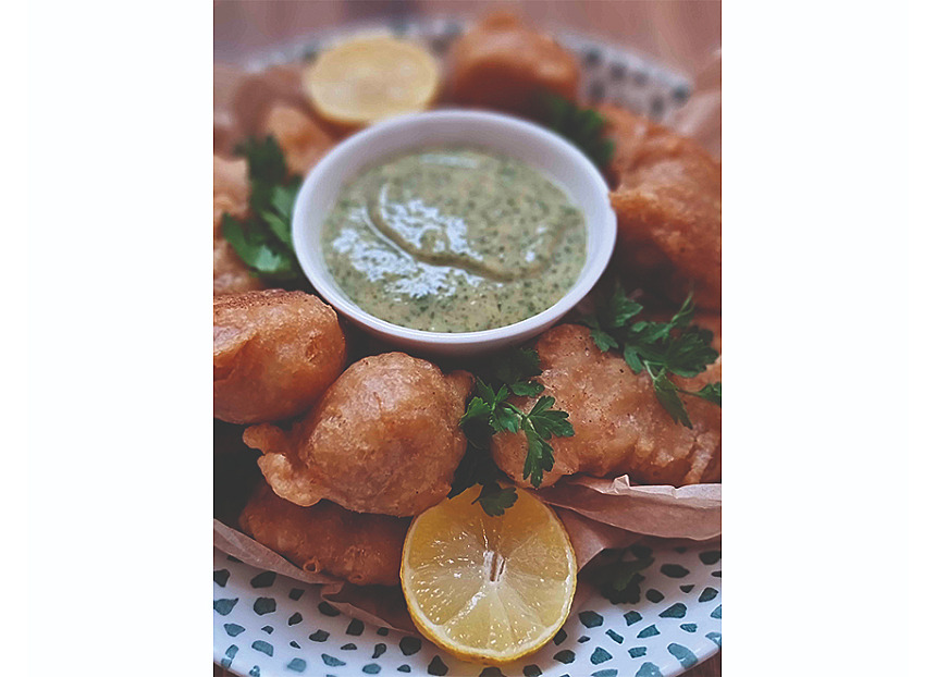 Beer-battered monkfish bites with coriander chutney